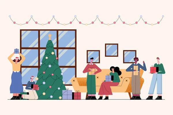Groupe de personnes célébrant Noël — Image vectorielle