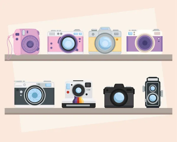 Caméras photographiques dans les étagères — Image vectorielle