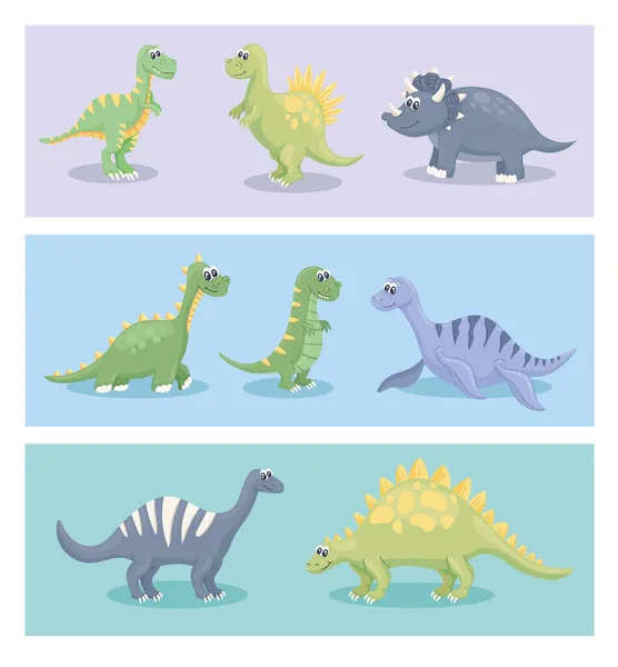 Ocho dinosaurios lindos iconos — Vector de stock