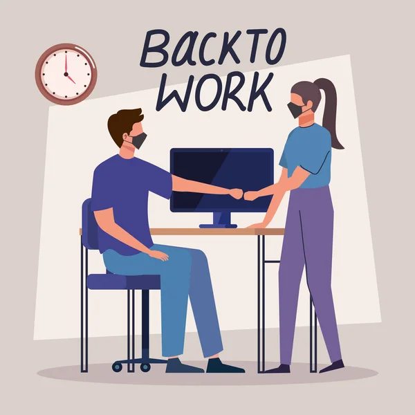 Workers using face mask back to work — Stock Vector