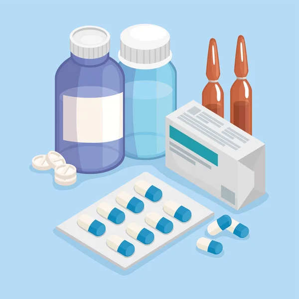 Farmacia medicina cinco iconos — Vector de stock