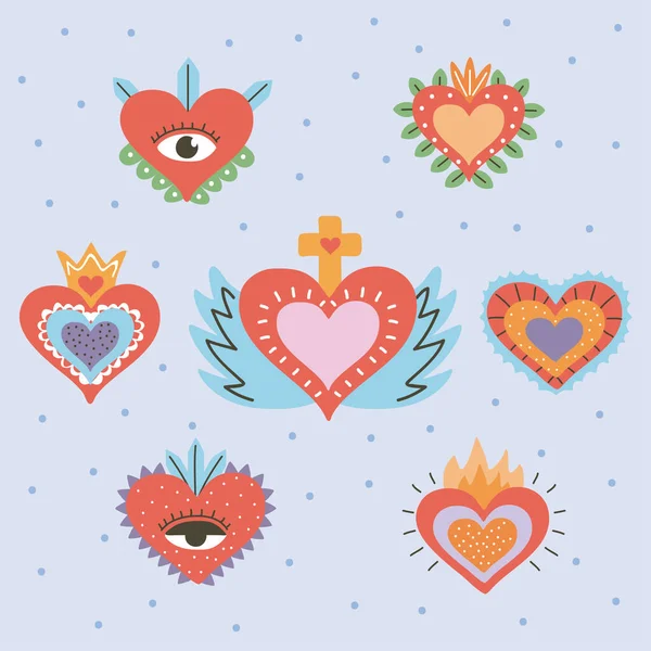 Sieben dekorative Herzen — Stockvektor