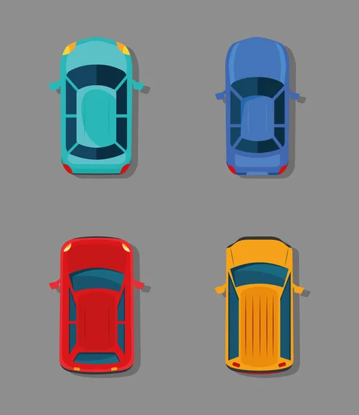 Vehículos vehículos cuatro iconos de vista aérea — Vector de stock