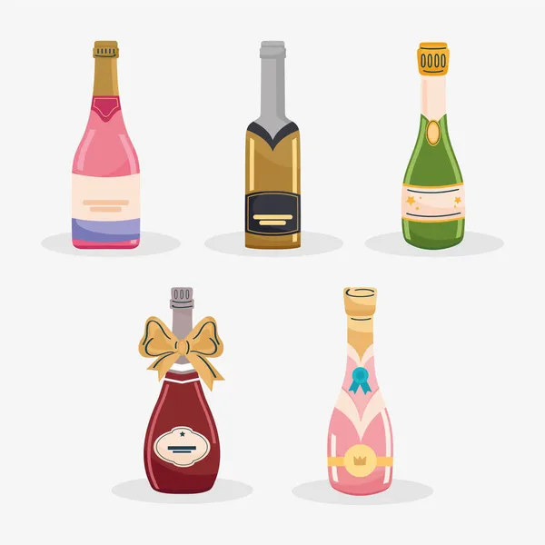 Cinco garrafas elegantes champanhe —  Vetores de Stock