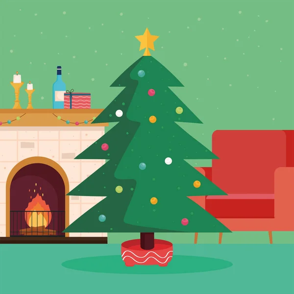 Χριστουγεννιάτικο δέντρο και τζάκι — Διανυσματικό Αρχείο
