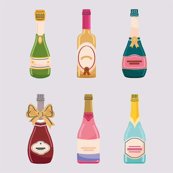 Seis garrafas de champanhe —  Vetores de Stock