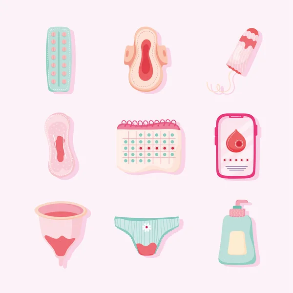 Nove ícones do período menstrual — Vetor de Stock