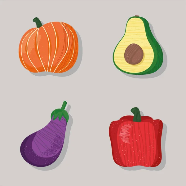 Verduras frescas cuatro iconos — Vector de stock