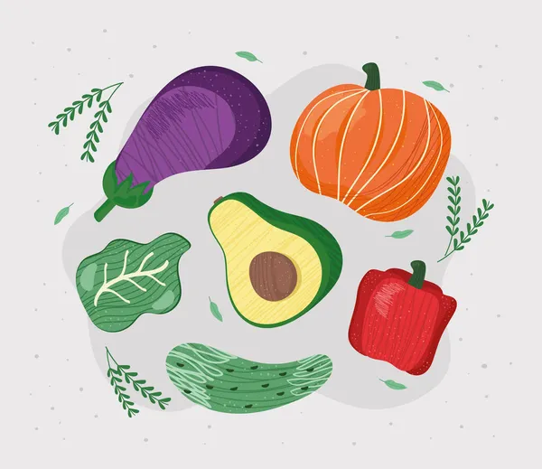 Verduras frescas seis iconos — Vector de stock