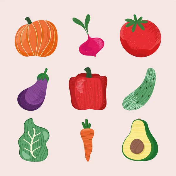 Nove ícones de legumes frescos — Vetor de Stock