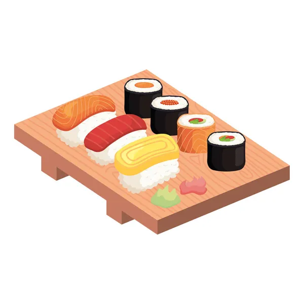 木のテーブルで寿司を食べる — ストックベクタ