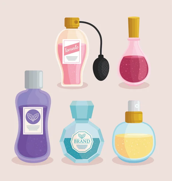 Fragancias botellas iconos — Vector de stock