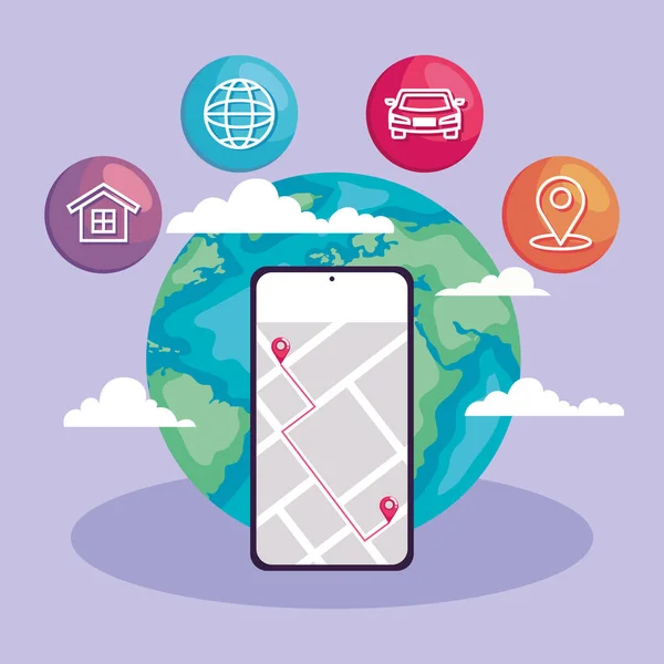 Smartphone met locatie app pictogrammen — Stockvector