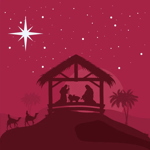 Kerststal silhouet rood scene — Stockvector