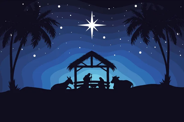 Kerststal silhouetten nacht scène — Stockvector