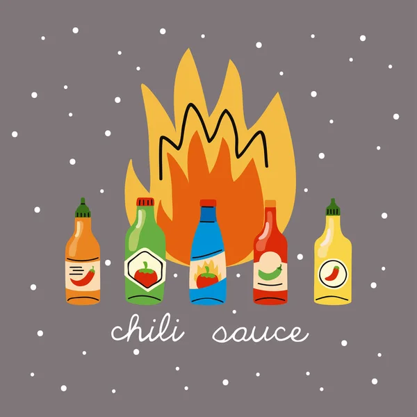 Salsas picantes de chile en el fuego — Vector de stock