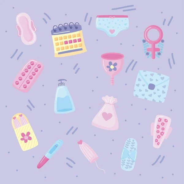 Fourteen menstruation period items — Stock Vector