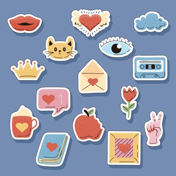 Quinze ícones de patches de amor — Vetor de Stock