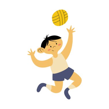 Küçük çocuk voleybol çalışıyor.