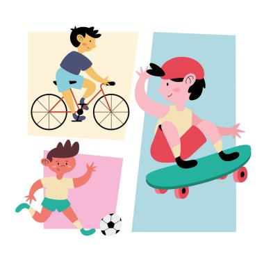 Üç çocuk spor yapıyor.