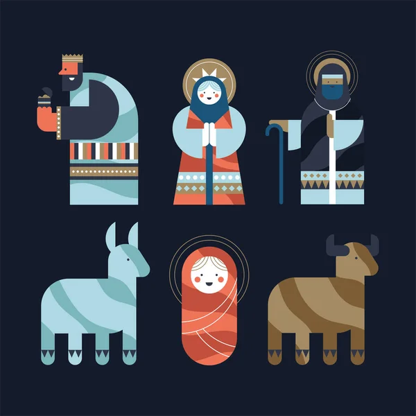 Six nativity manger characters — Stock Vector