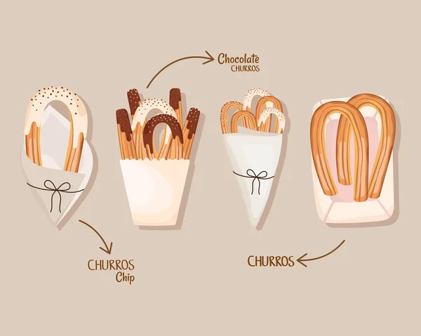 Farklı lezzetli churro çeşitleri — Stok Vektör