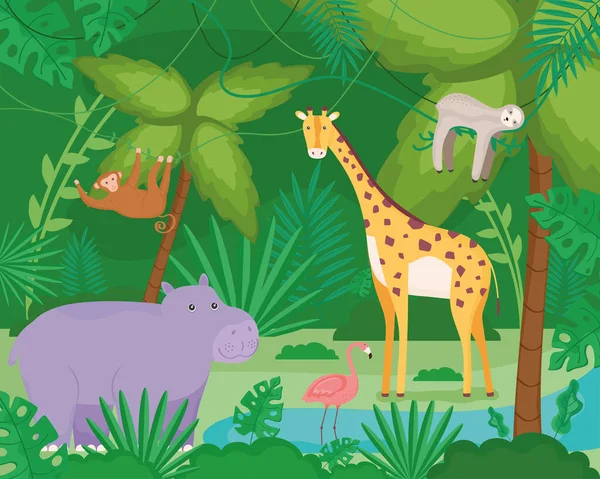 Animales de grupo en la selva — Vector de stock