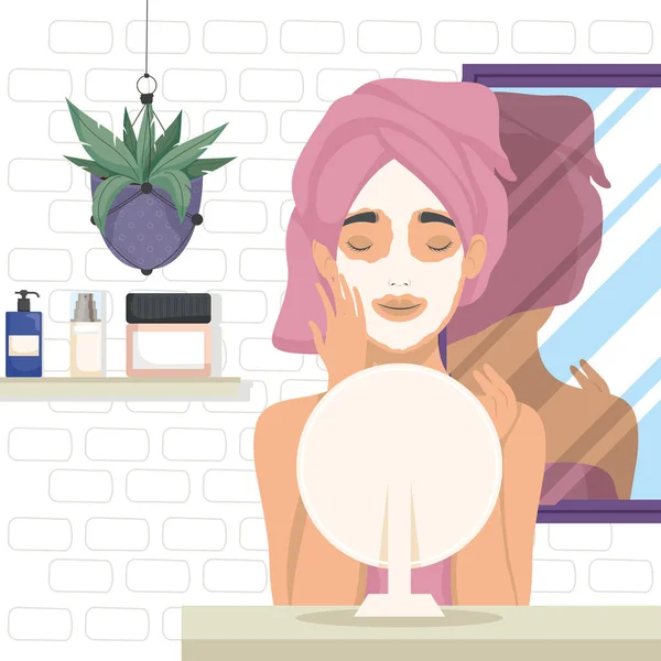 Mujer con máscara en el baño — Vector de stock