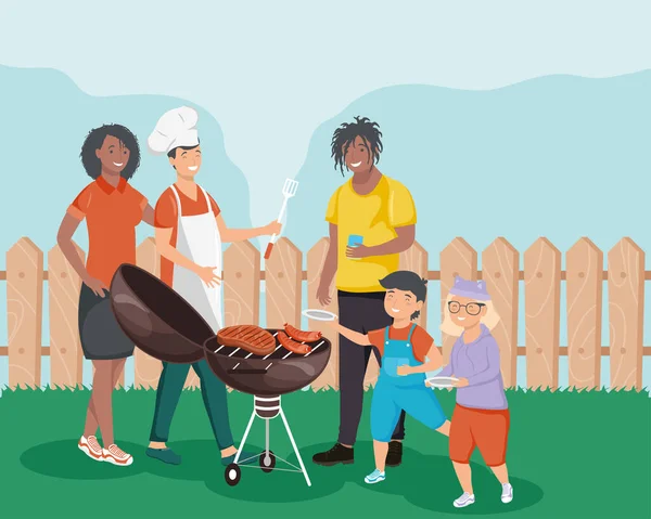 Interracial people in bbq party — Stock Vector