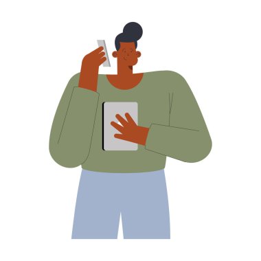 man afro with tablet