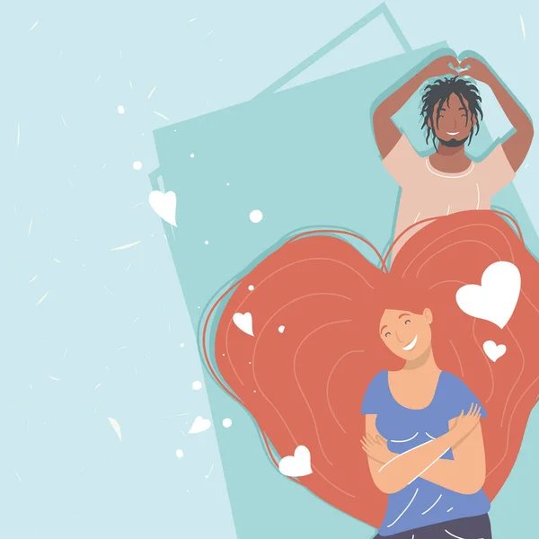 Interracial couple with hearts — Stockvector