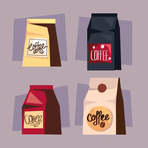 Cuatro bolsas de café tienda — Vector de stock