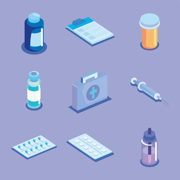 Nine medicine isometric icons — Image vectorielle