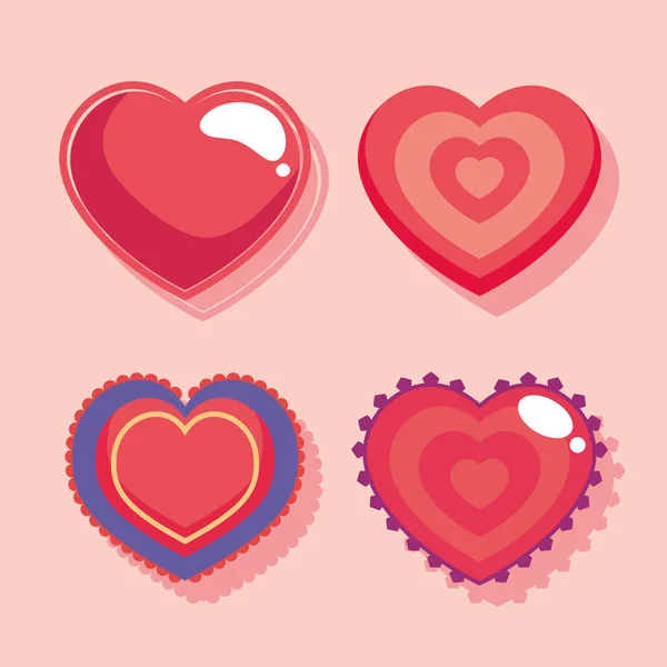 Cuatro corazones aman los iconos — Archivo Imágenes Vectoriales