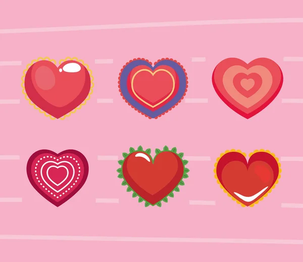 Seis corações ícones de amor —  Vetores de Stock