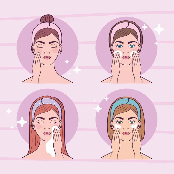 Four ladies with skincare treatment — Stok Vektör