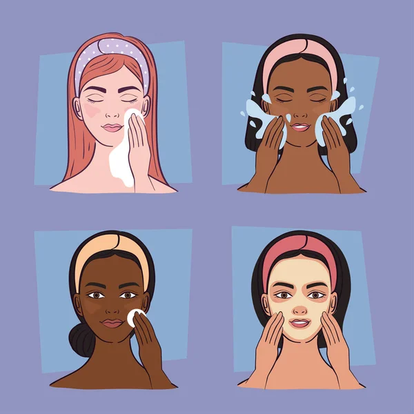 Interracial girls with skincare treatment —  Vetores de Stock