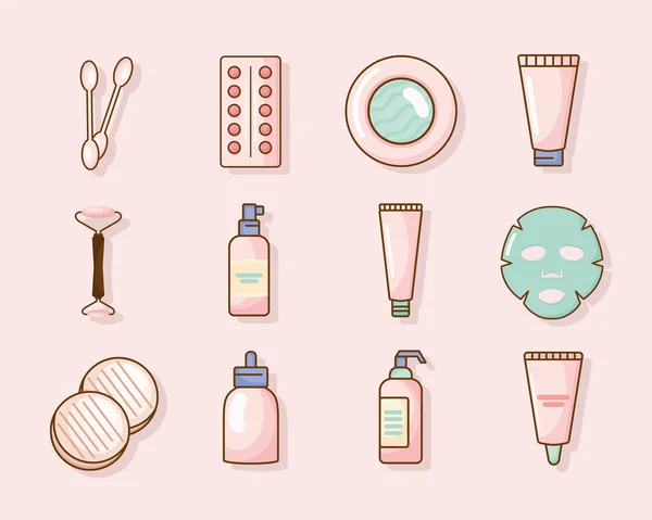 Douze produits pour la peau icônes — Image vectorielle