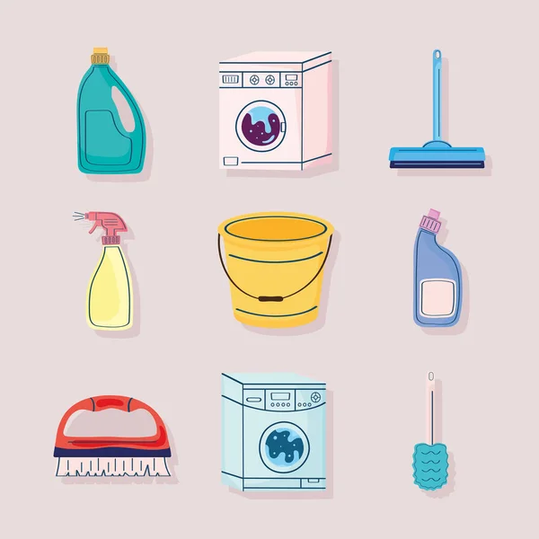 Nueve iconos de limpieza del hogar — Vector de stock