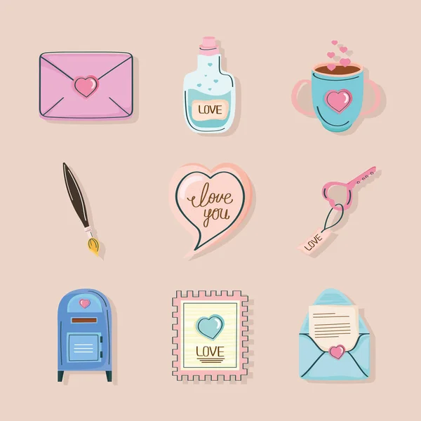 Nueve amor garabatos iconos — Vector de stock