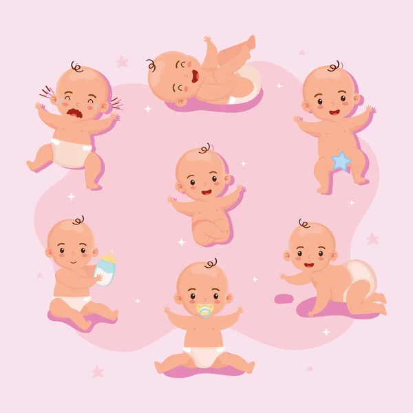 Siete bebés pequeños personajes — Vector de stock