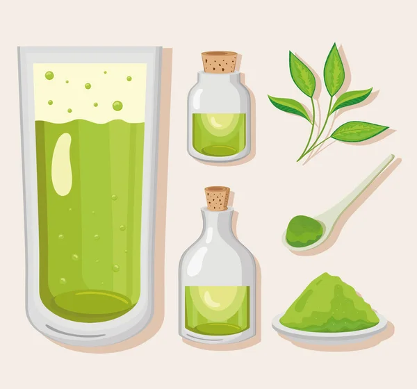 Grüner Tee sechs Symbole — Stockvektor