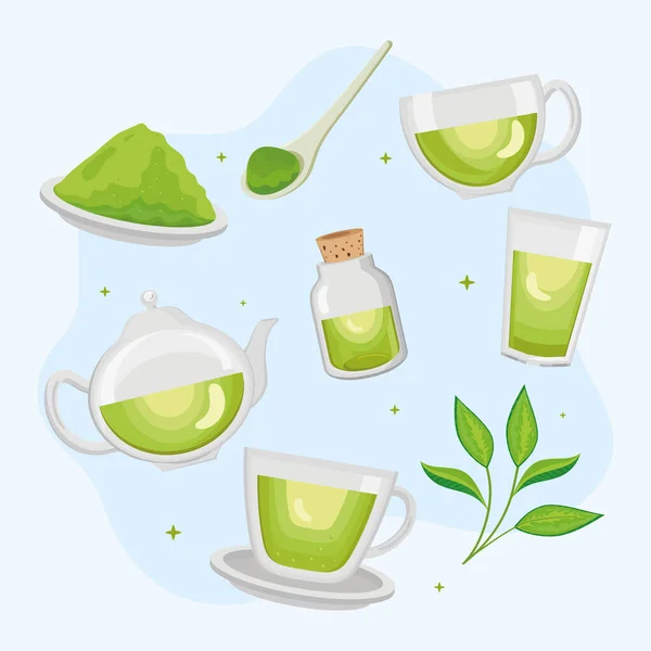 Grüner Tee acht Symbole — Stockvektor