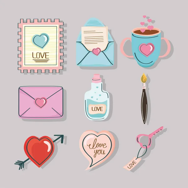 Amor garabato nueve iconos — Vector de stock