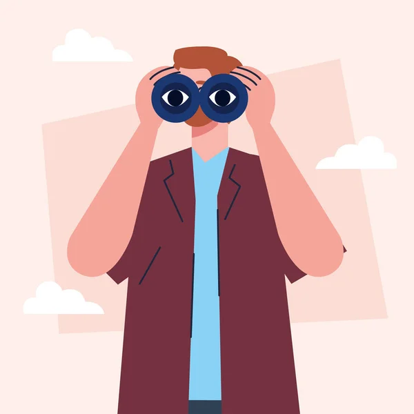 Man searchin with binoculars — Stock Vector