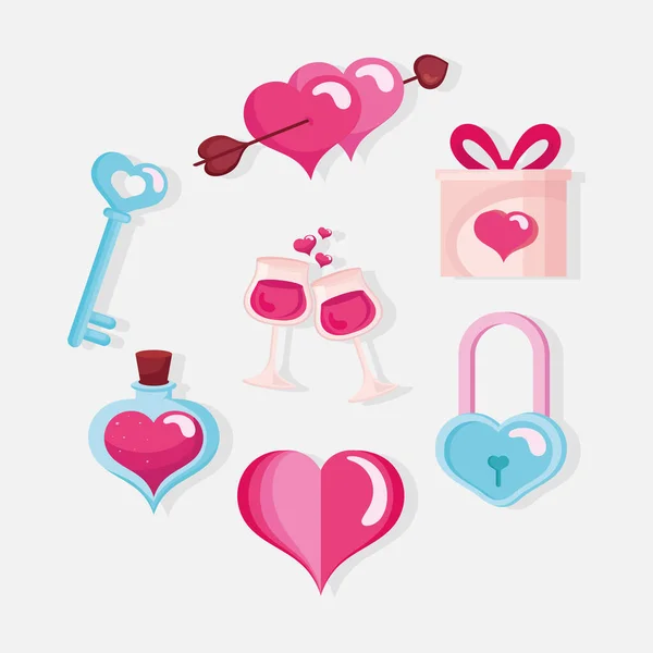 Siete iconos del día de San Valentín — Vector de stock