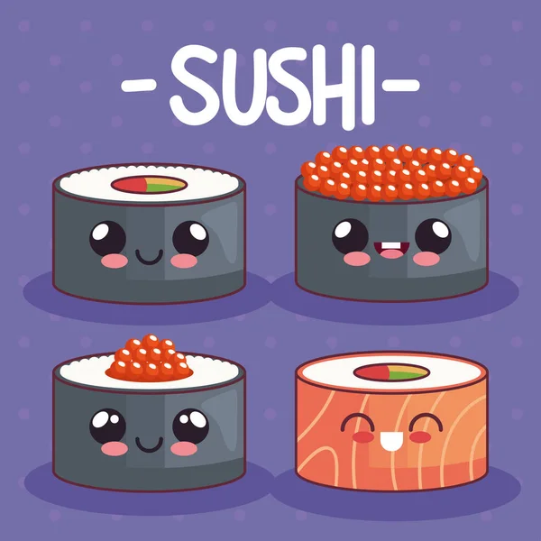 Bonito sushi kawaii quatro ícones — Vetor de Stock