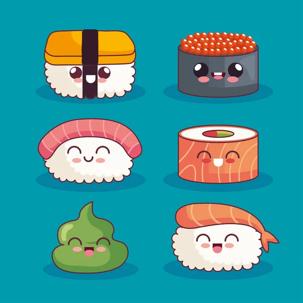 Hat aranyos sushi kawaii ikonok — Stock Vector