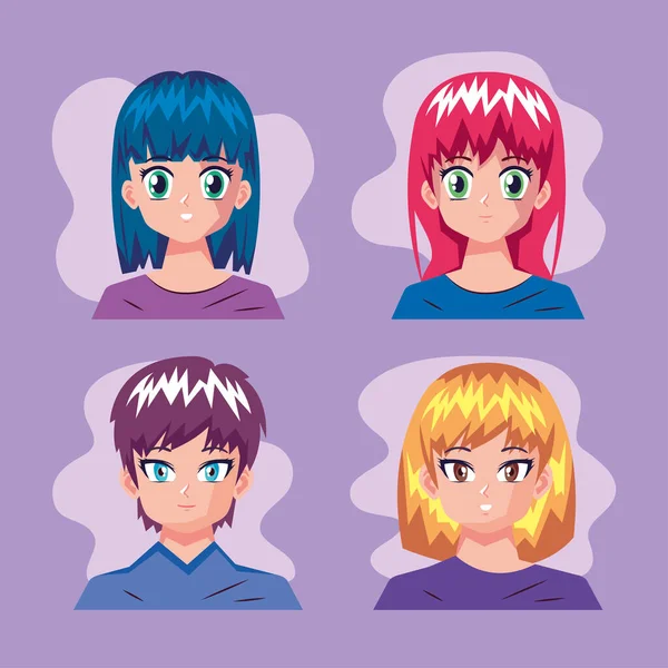 Quattro personaggi anime — Vettoriale Stock