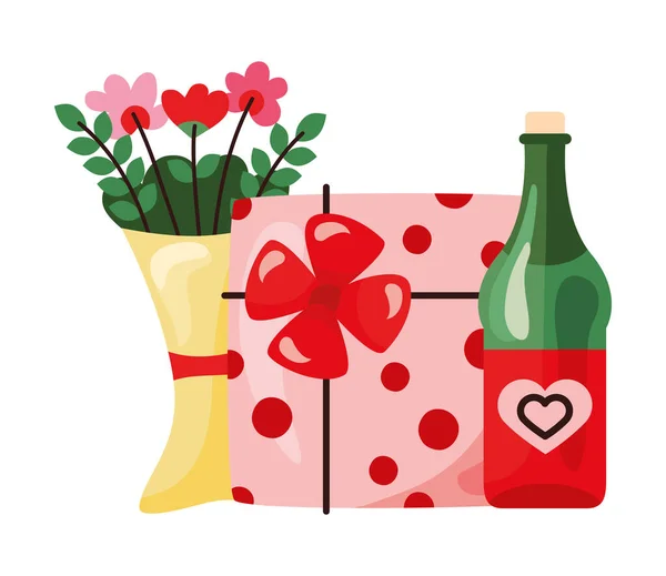情人节快乐的礼物和鲜花 — 图库矢量图片